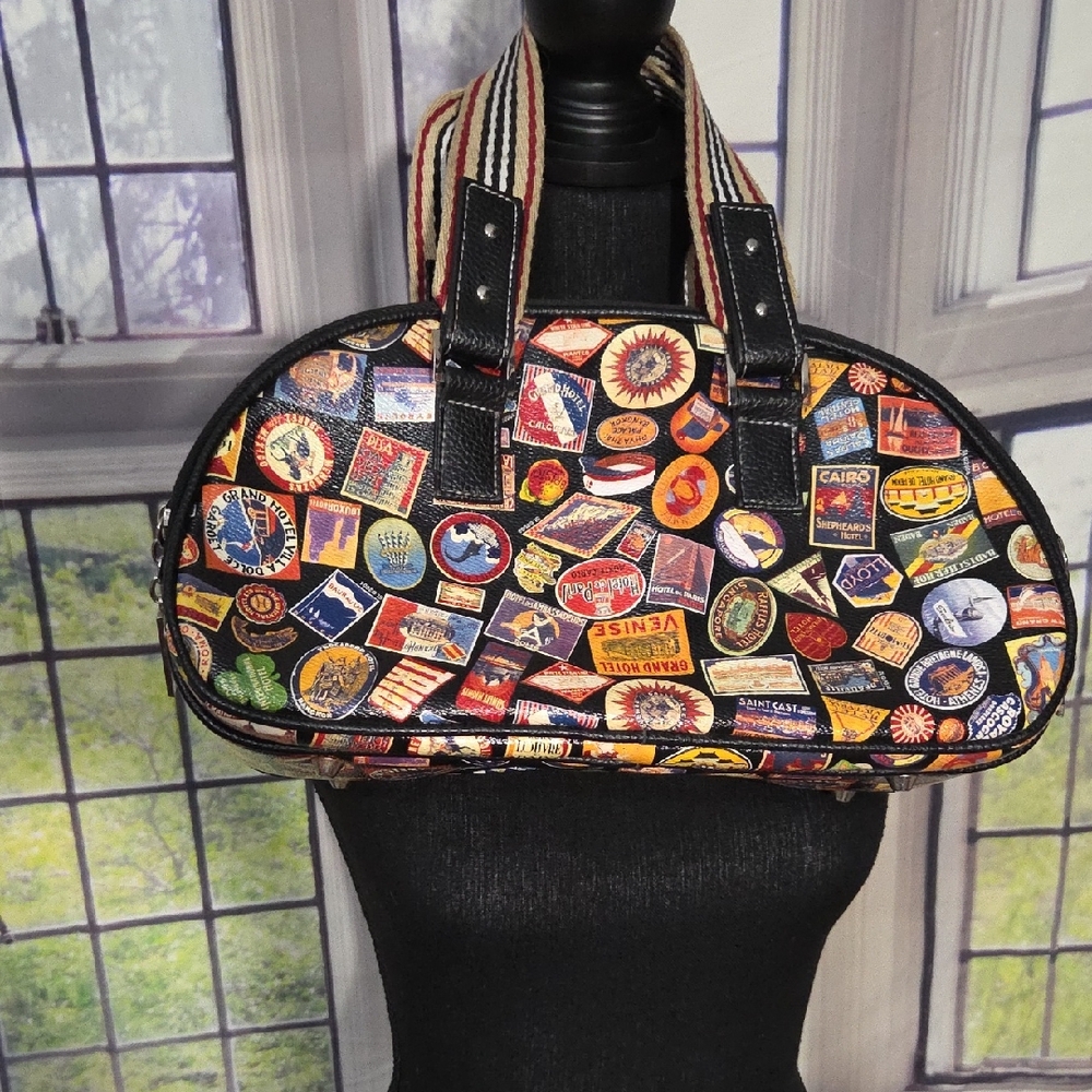 Sydney Love Black Multi Travel Patch Dome Satchel Handbag with Striped Handles